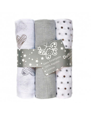 Pack de 3 Muselinas Algodón Corazones gris