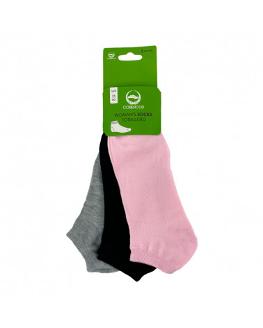 Calcetín Tobillero Mujer Algodón Pack 3 gris, negro, rosa