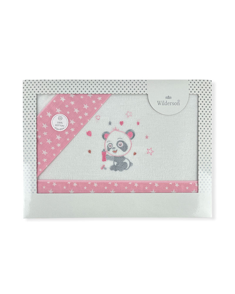 Juego Sábanas Cuna Franela Bordado Panda rosa
