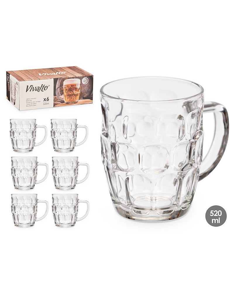 Juego 6 Jarras Cerveza Cristal 520 Ml Con Asa a precio barato