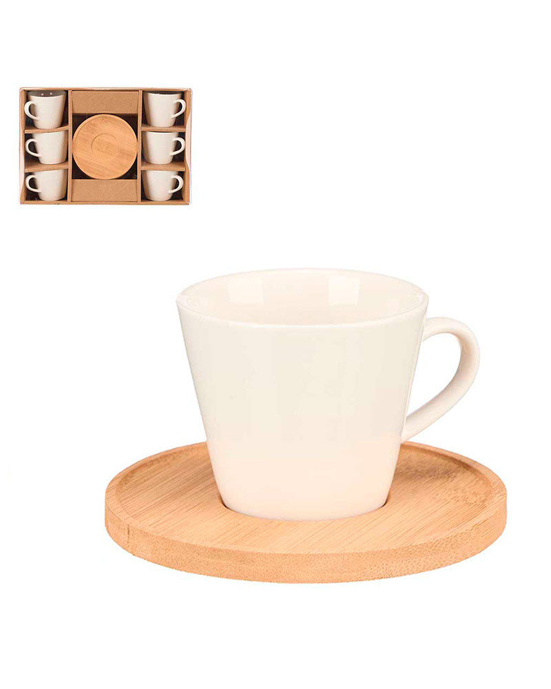 Juego 6 Tazas Café + 6 Platos Madera Bambú Lisos barato