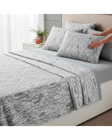 Sábanas coralina invierno gris Garabatos cama 135 extra suaves