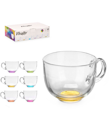 Juego 6 Tazones Desayuno Cristal Jumbo Asa 470 Ml Base Color