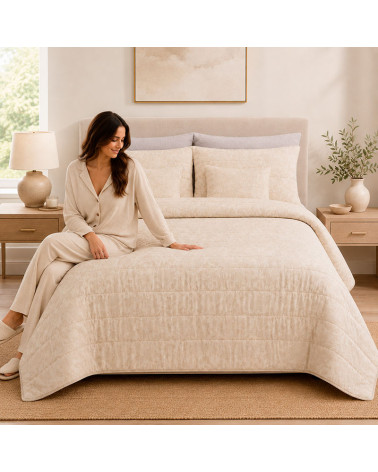 Colcha jacquard prelavada Alina beige + cojín | Rufino Díaz