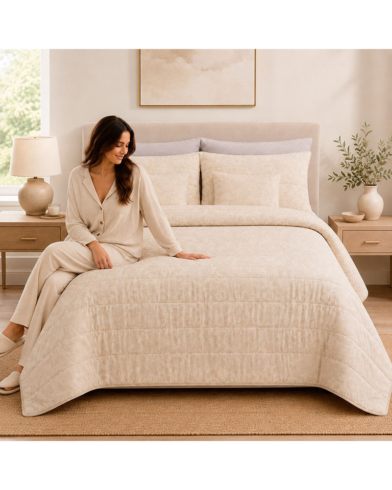 Colcha jacquard prelavada Alina beige + cojín | Rufino Díaz