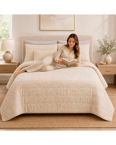 Colcha jacquard prelavada Alina beige + cojín | Rufino Díaz