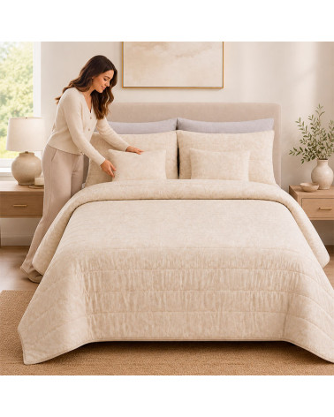 Colcha jacquard prelavada Alina beige + cojín | Rufino Díaz