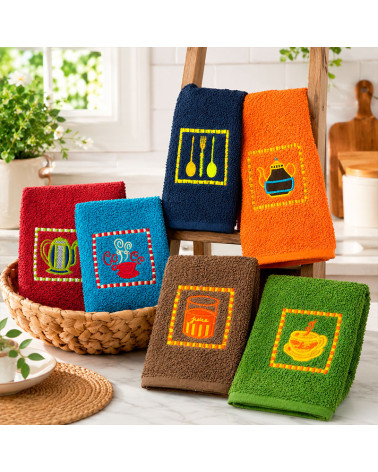 Pack 6 Paños de Cocina Bordados Rizo 100% Algodón 500 gr/m² 50x50 cm