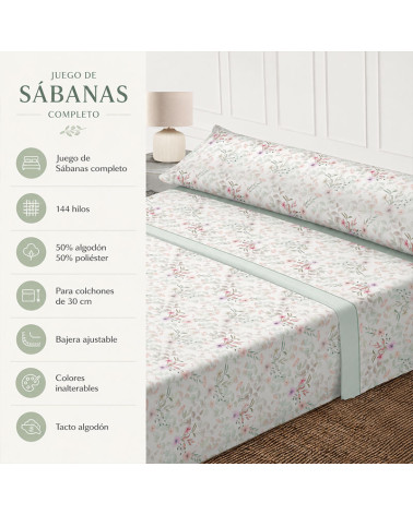 Juego Sábanas 3 Piezas 144 Hilos Algodón Verde Carlota