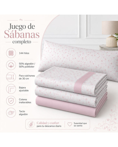 Sábanas Paula Rosa 144 Hilos | Fondo Blanco con Bandas Rosa