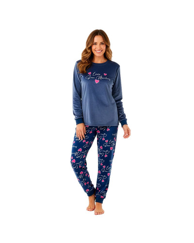 Pijama de Mujer Terciopelo Spandex Corazones Azul