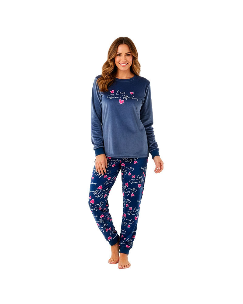 Pijama de Mujer Terciopelo Spandex Corazones Azul